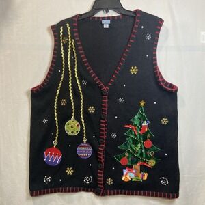 Holiday Editions Christmas/Holiday Button Front Vest Size 1X Tree Ornaments